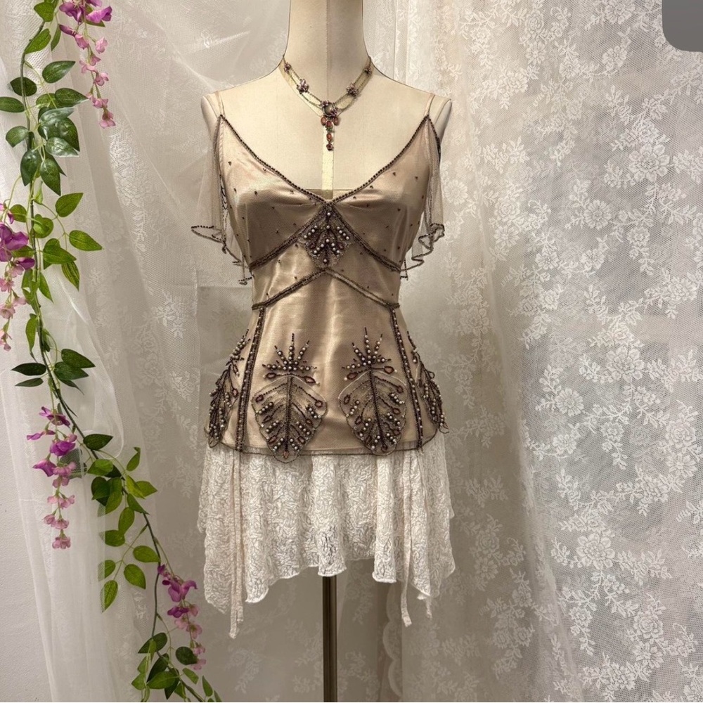 Karen Millen Beaded Champagne Satin Overlay Peplum Blouse
